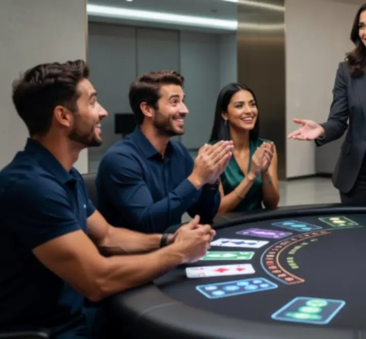Stół Blackjack z uśmiechniętymi uczestnikami podczas rozrywkowego eventu
