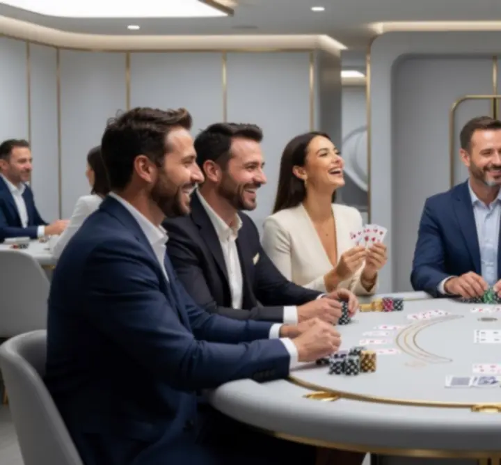 Grupa uczestników bawi się przy stole blackjack podczas mobilnego eventu